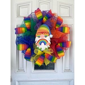 Everyone is Welcome Here Rainbow Gnome Pride Flag LGBTQ Sign Mesh Ribbon Wreath